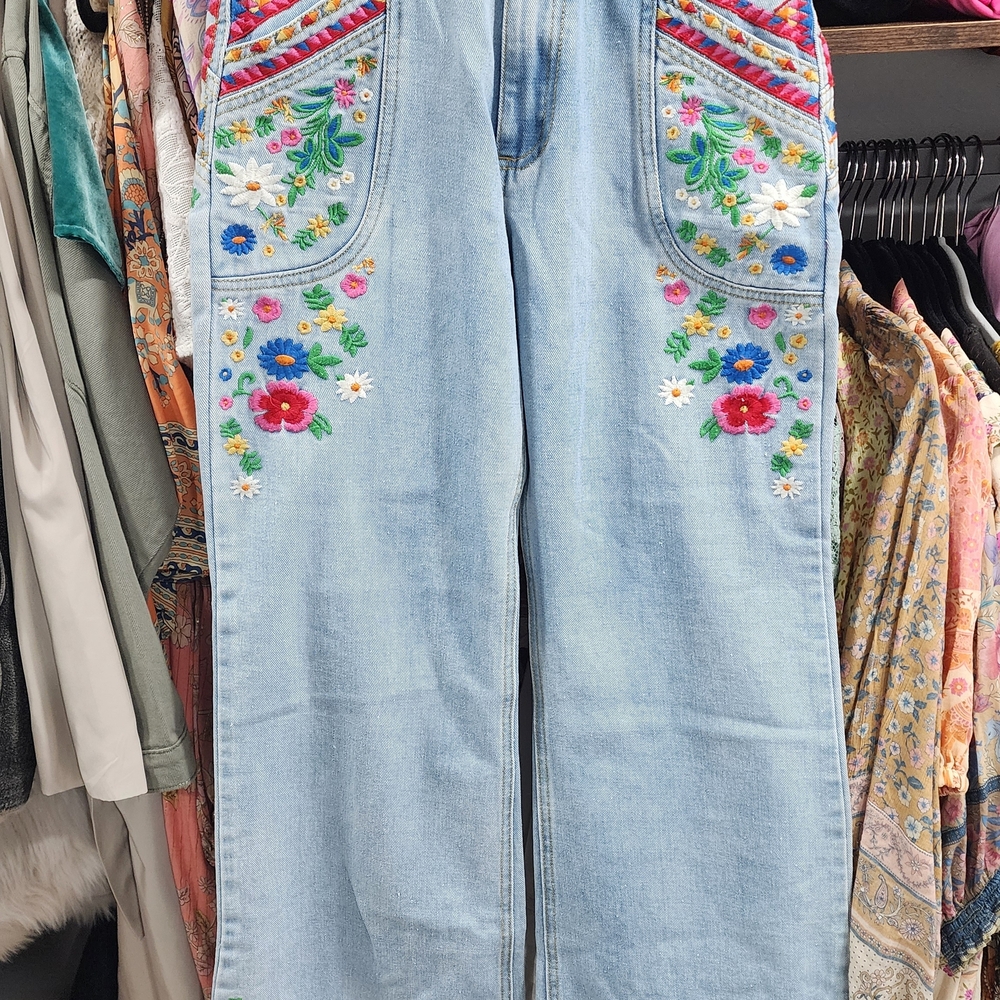 On Hold - Spell Light Blue Wanderlust Floral Embroidered Jeans